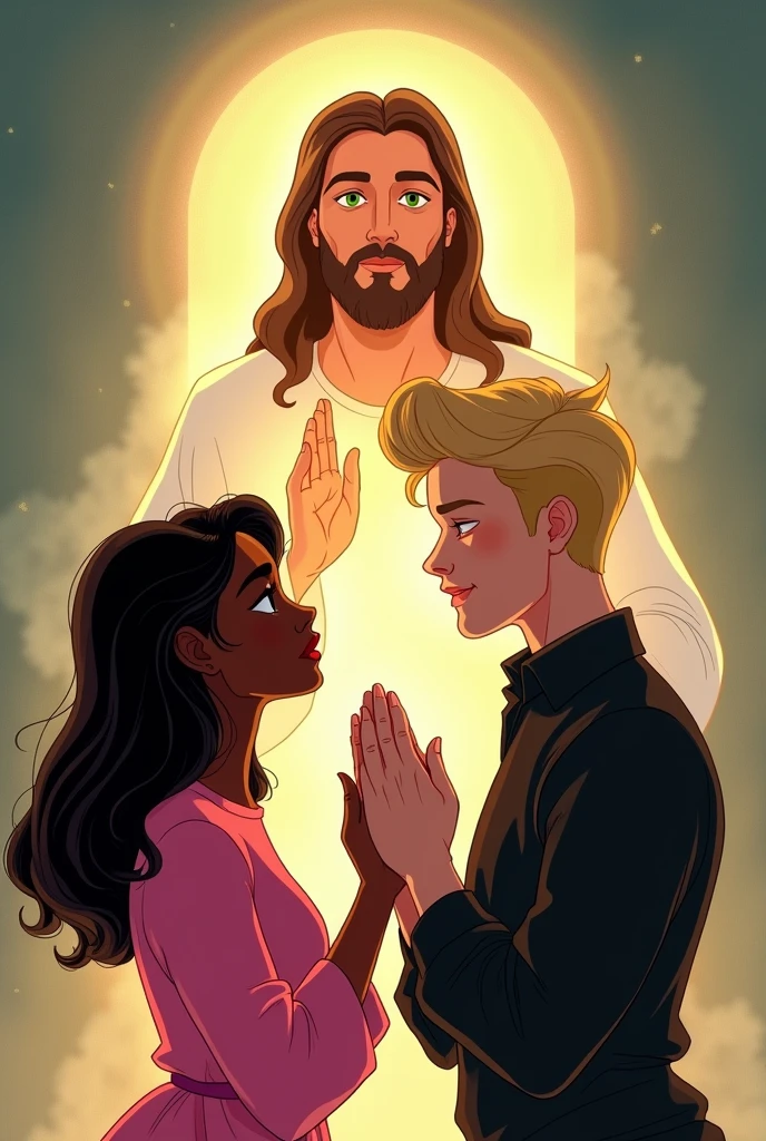 Disney-style drawing of a black woman with straight hair, with a pink shirt and a blond man with green eyes with a black dress shirt praying with Jesus on the side drawing