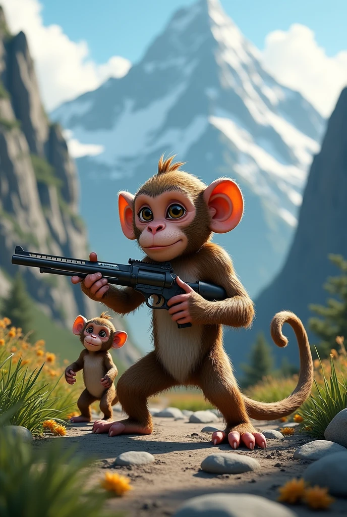 A monkey with a gun in mountains with his family