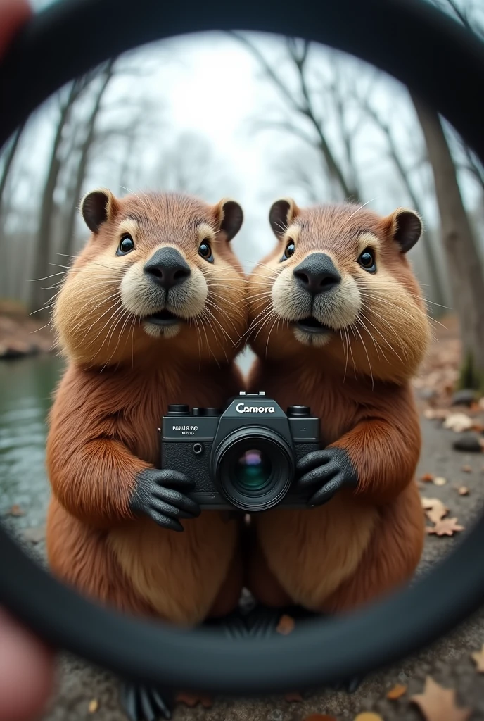 Caméra fisheye, photographie humoristique photoréaliste de deux castors  prenant un selfie, avec un niveau de détail très poussé, les castors regardant vers le bas.