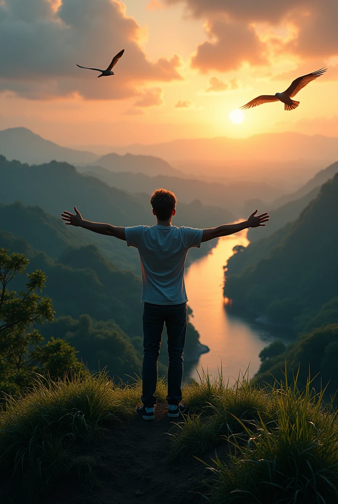 30 age boy standing on hill seeing the jungle flying bird dark sunset river peacefully spreading both hands and looking towards the sky details back side wide angle with wearing clothes 