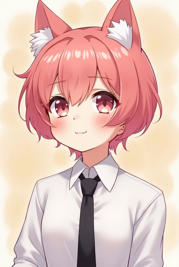 A cat boy with white shirt and black tie also pink hair Anime pic cute and cute BG and c also hot sharp jawline boy and little bit blushing