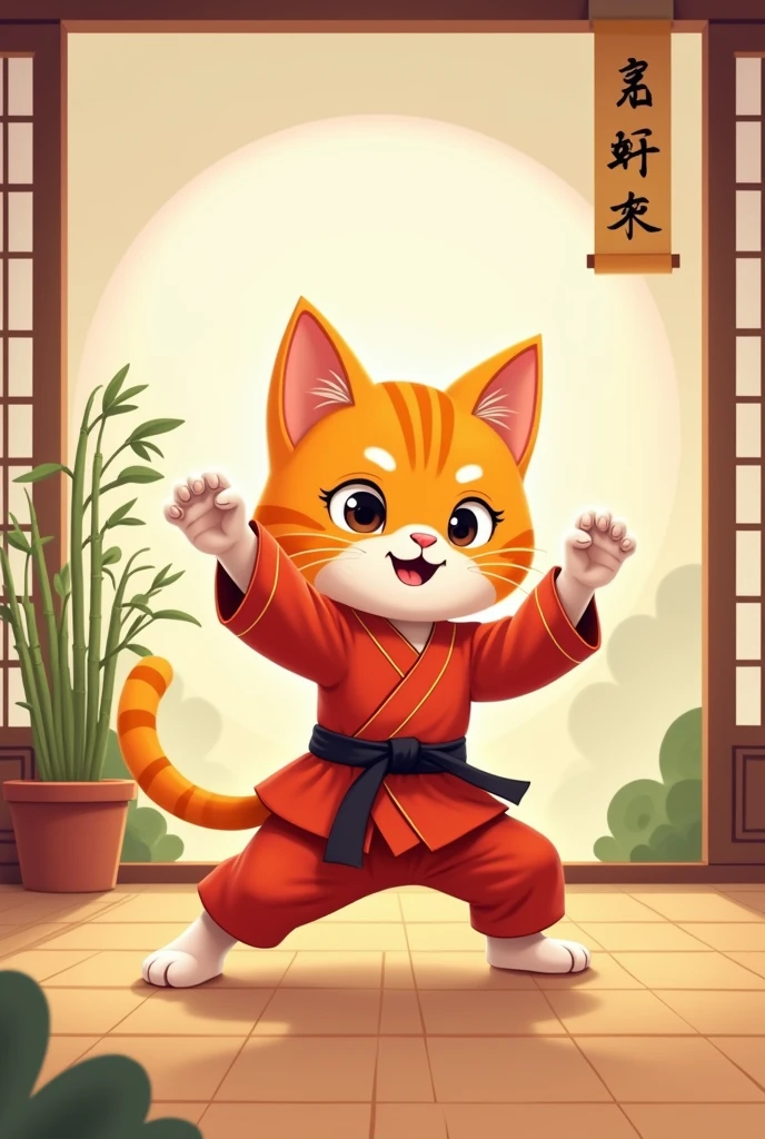 a cute orange cat performing Martial arts 