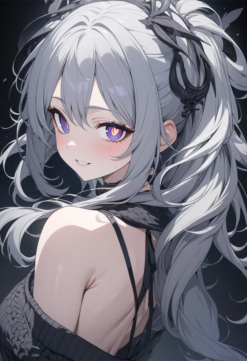 grey hair, high detail, anime, Gothic art, anime style, from side, UHD, retina, masterpiece, accurate, anatomically correct, textured skin, super detail, high details, high quality, award winning, best quality, highres, 8k, 16k, grey hair, puple eye,detailed eye, detailed pupils, witch, girl, fullbody, happy, sweater, from bellow, seductive smile
