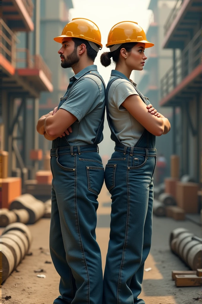 Male and female workers back to back