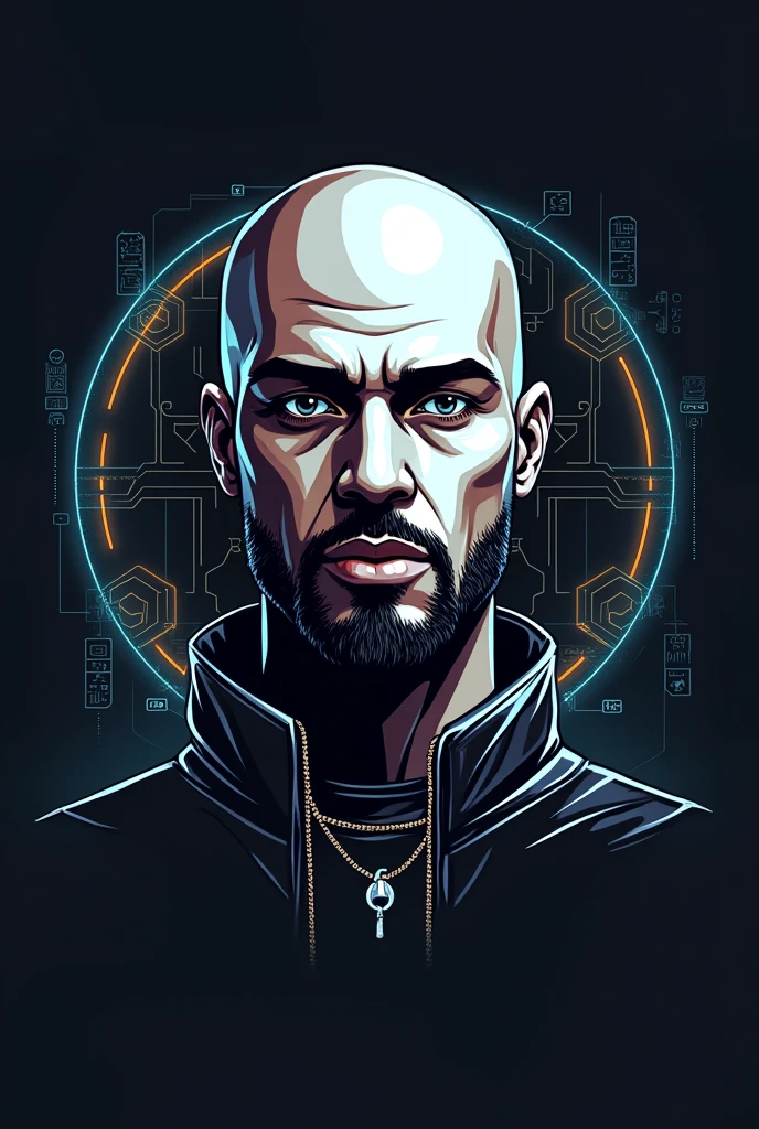 A bald rapper with little beard, goatee for a logo brand. I want him to be a mix of human, AI big breasts, tecnology.