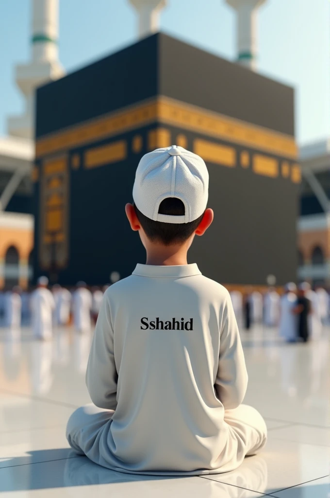 A 3d realistic 20-year-old boy is sitting from the back in front of the Kaaba and he is praying.
He is wearing
white clothes with a cap, and the name "Abrar Shakil " is written on the back.art painting realistic photo