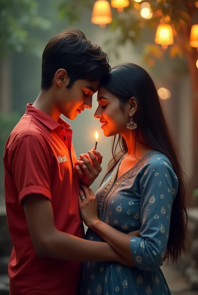  boy and girl, the boy's hand should be on the girl's navel, the boy is holding the girl in his arms, the boy is holding a burning incense stick in his hand, the girl is wearing a blue printed kurta, the boy Is wearing a red shirt, the name 'VIKASH' is written on the shirt. Yes, both of you seem to be in a very romantic mood. The boy has fallen in love with the girl,4k quality image. Printed clothe of boy "ROHIT" cloth of girl "RAKHI"
