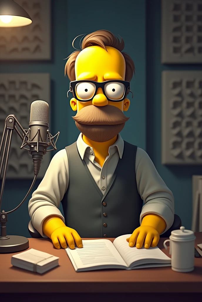 Intellectual Homer Simpson with glasses and beard In a podcast studio