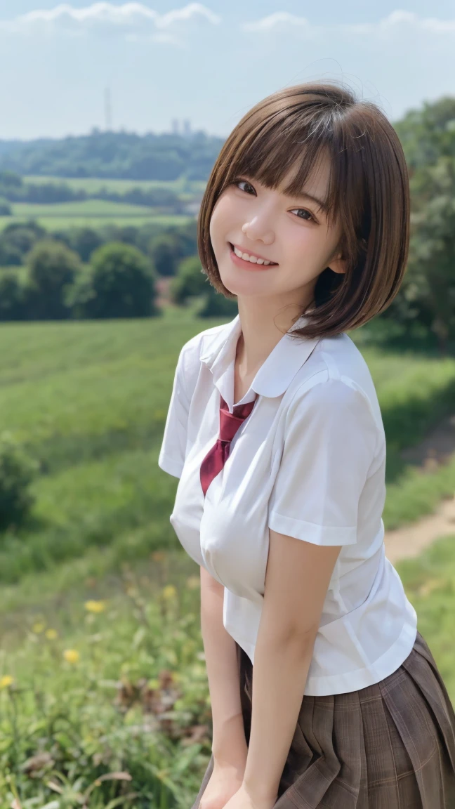 One person&#39;S, (beautiful girl, delicate:1.3), (:1.3),
break, (Lush countryside　background:1.2),
break, Embarrassed Laugh, Very beautiful eyes, (Symmetrical eyes:1.3),
break, (E cup breasts:1.3), School uniforms:1.3, Brown eyes, Parted bangs, Brown bob cut hair, Round face, cute,
break, (Eye and facial details:1.0),
break, (masterpiece, Highest quality, Very detailed, Detailed face, 8k)