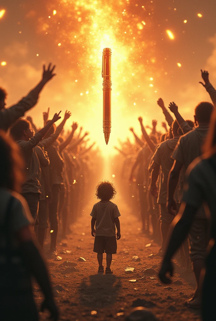 A million of peoples fight for a pen with a super powers and a small child lead them