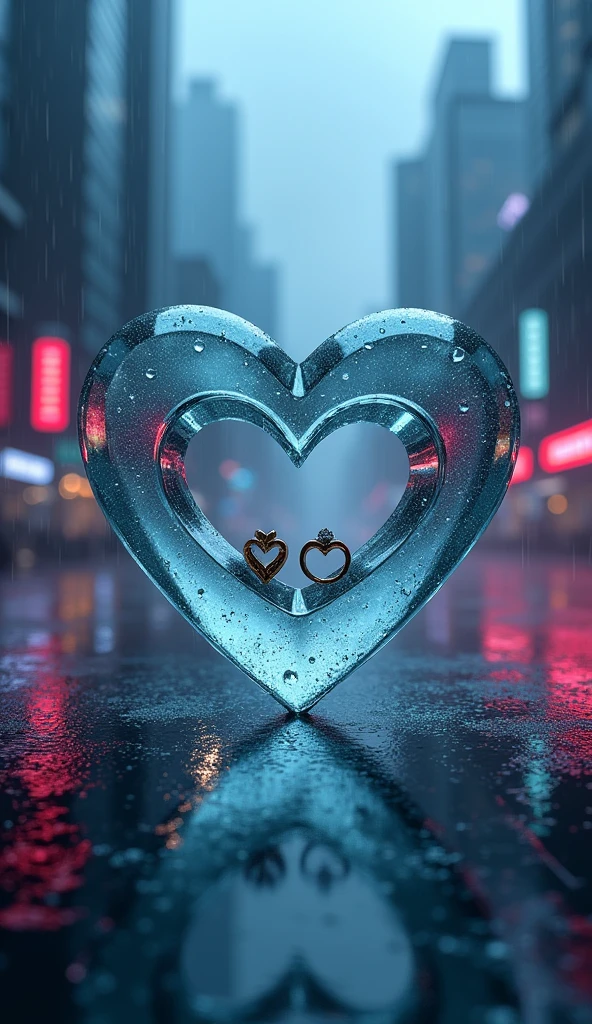 Rain landscape、City、青と黒をメインカラーにしたFantasyな景色、3D glass open heart、Neon color、There are two engagement rings inside the glass heart、One ring is placed to the side and the other is held at an angle.、Fantasy、romantic、high resolution、Wide angle、distinct、Real、vivid、beautiful、masterpiece、Panorama、extensiive、Light and shadow details、The water is clear and shiny、The water faithfully reflects the scenery、Zoom out 2x、
