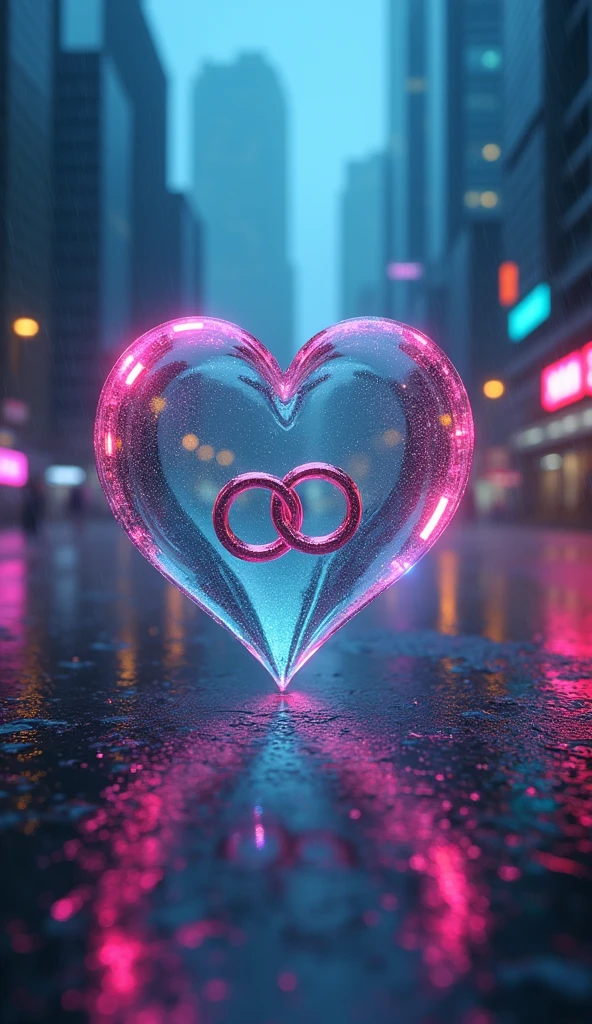 Rain landscape、City、青と黒をメインカラーにしたFantasyな景色、3D glass open heart、Neon color、There are two engagement rings inside the glass heart、One ring is placed to the side and the other is held at an angle.、Fantasy、romantic、high resolution、Wide angle、distinct、Real、vivid、beautiful、masterpiece、Panorama、extensiive、Light and shadow details、The water is clear and shiny、The water faithfully reflects the scenery、Zoom out 2x、