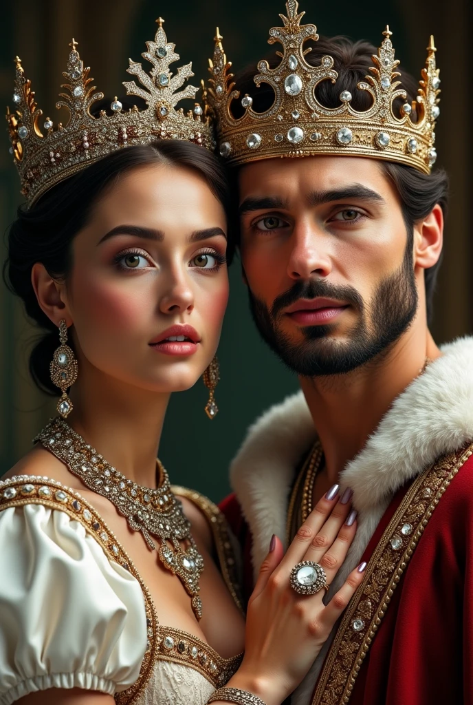 A king and queen couple with crowns full of jewels and displaying necklaces and rings with great luxury and refinement