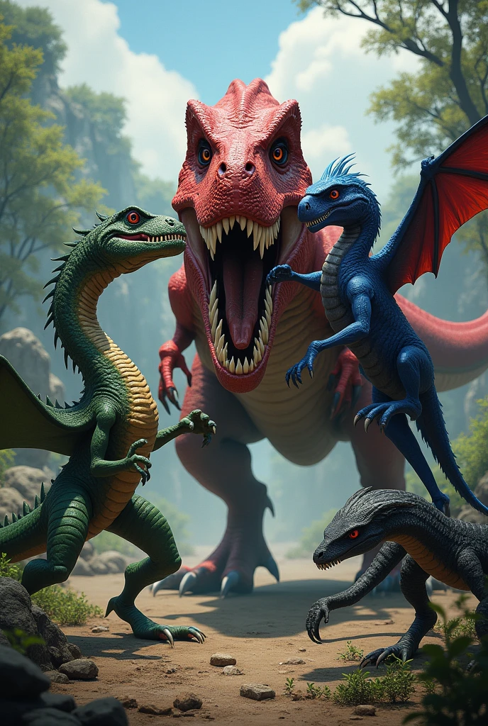 A green hydra, Blue Arara, and a black snake, aggressively attacking a red t-rex