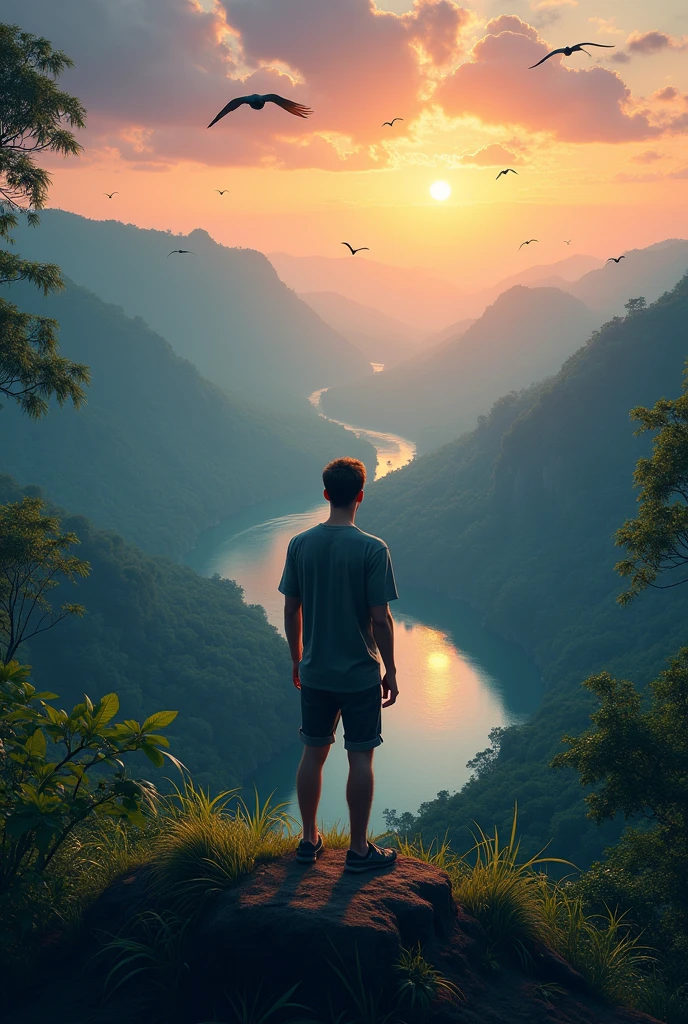 30 age boy standing on hill seeing the jungle flying bird dark sunset river peacefully spreading both hands and looking towards the sky details back side wide angle with wearing clothes realistic