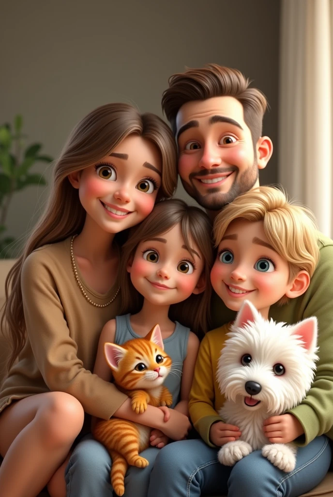 Happy family 40 year old mom blonde with brown eyes, 40 year old father with little brown hair and brown eyes, daughter with long brown hair and brown eyes, son, blond with blue eyes. With orange tabby kitten and white westie dog
