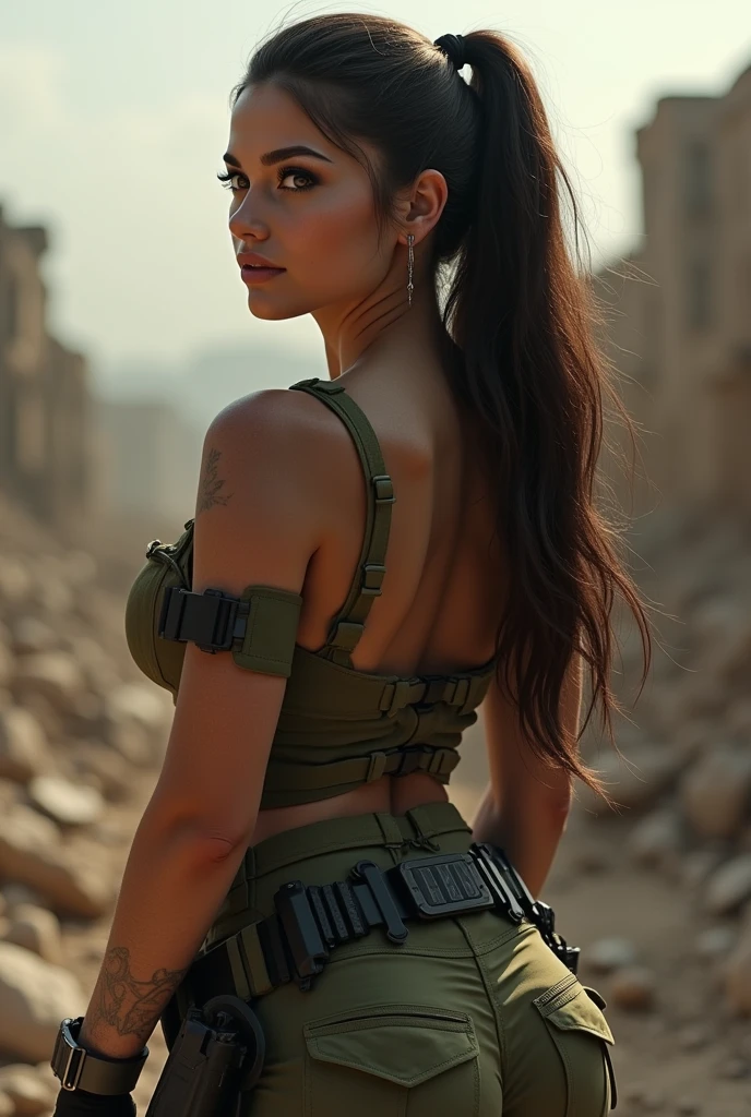 a sexy beautiful female soldier, israeli girl, wearing a sexy soldier's uniform, sand grey color, battlefield background, sexy pose, very detailed, very accurate, 4k quality, beautiful lighting, bokeh, busty, big breasts, large boobs, cleavage, thin and slim waist, bubble booty, beautiful face, awesome lips, brunette, ponytail hair, voluptuous hourglass body. Epic cleavage. (100 DD size) Perfect anatomy, Perfect eyes, very detailed eyes, perfect hands, perfect body, perfect hair, perfect breast, accurate, UHD, retina, masterpiece, anatomically correct, textured skin, super detail, high details, high quality, award winning, best quality, highres, 16k, 8k. Carmen Electra, putting her ass on display, rear view.