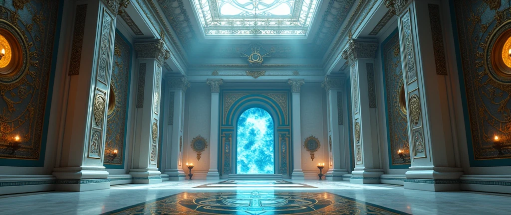 a close up of a room with statues and a symbol, majestic occult gates, emperor secret society, galactic temple, esoteric symbolism, ultra detailed symbolism, esoteric, archillect concept art, artgem and beeple masterpiece, esoteric art, alchemy concept, the temple of truth is cream and blue, atmoshperic, occult aesthetics alchemy, ultra-resolution, intricately detailed, low angle, 8k by Helmut Newton, complex background.