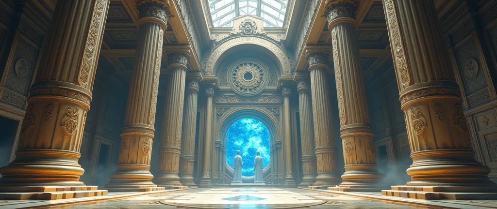 a close up of a room with statues and a symbol, majestic occult gates, emperor secret society, galactic temple, esoteric symbolism, ultra detailed symbolism, esoteric, archillect concept art, artgem and beeple masterpiece, esoteric art, alchemy concept, the temple of truth is cream and blue, atmoshperic, occult aesthetics alchemy, ultra-resolution, intricately detailed, low angle, 8k by Helmut Newton, complex background.