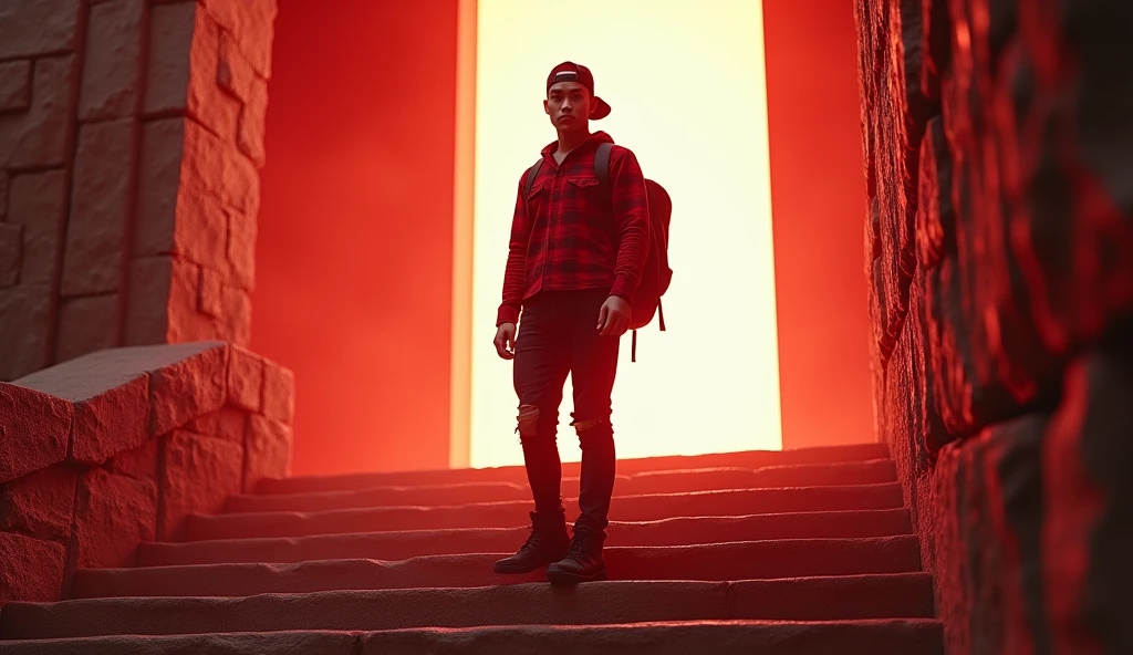 Hyper realistic, depict dramatic scenes with strong color contrasts, especially in shades of red and orange, depicting environments that appear otherworldly. In the middle, there was a white door emitting bright light, with the silhouette of a person standing in the doorway. Face detailed. Look straight ahead. 27yo Indonesian man wearing dark red flannel shirt and dark ripped jeans pants and black hiking hi-shoes with black backward trucker hat, wear dark leather backpack, masculine photoshoot pose, arrogant man expression. On the side of the stairs leading to the door. The setting includes architectural elements such as stairs that have an otherworldly ancient design.