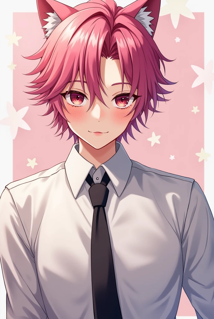 A cat boy with white shirt and  black tie also pink hair Anime pic cute and cute BG and c also hot sharp jawline boy  and handsome 
