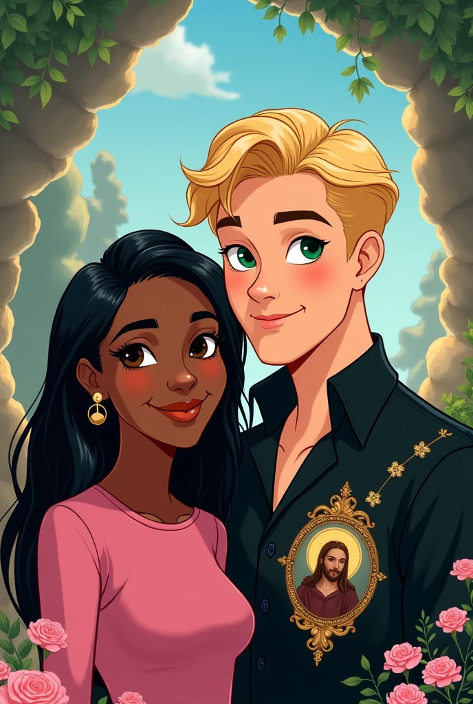 Disney-style drawing of a black woman with straight hair, with a pink shirt and a blond man with green eyes with a black dress shirt with Jesus on the side drawing