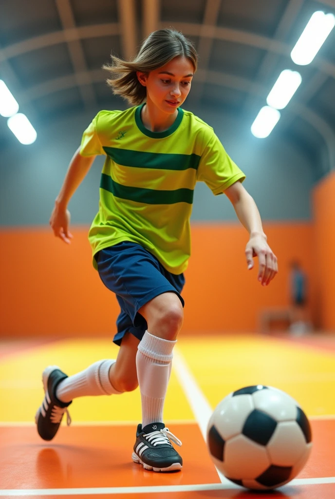 A Western teenager kicking a ball. He is on a futsal court well lit by white neon lights.. The court floor is orange with yellow lines. Her skin is white and her hair is brown and straight., hairstyle to the side. His shirt is lime green with thick horizontal stripes in avocado green., that cross the entire shirt. His shorts are navy blue and his socks are halfway up his shin and are completely white.. He wears black futsal shoes.