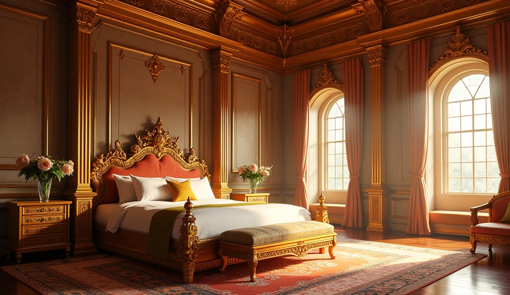 A scene of a royal bedchamber in a Thai style. The room is brightly golden and there are no people.