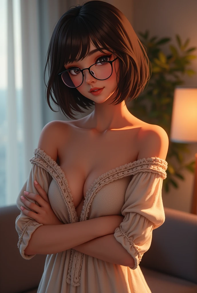 Woman,brown skin,short hair, glasses, medium breasts,high quality, masterpiece, crossing her arms, living room background,Anime art,barely covering her body,4k quality,half body,Off Shoulder Long Sleeve Knit Dress White, beautiful curves, detailed
