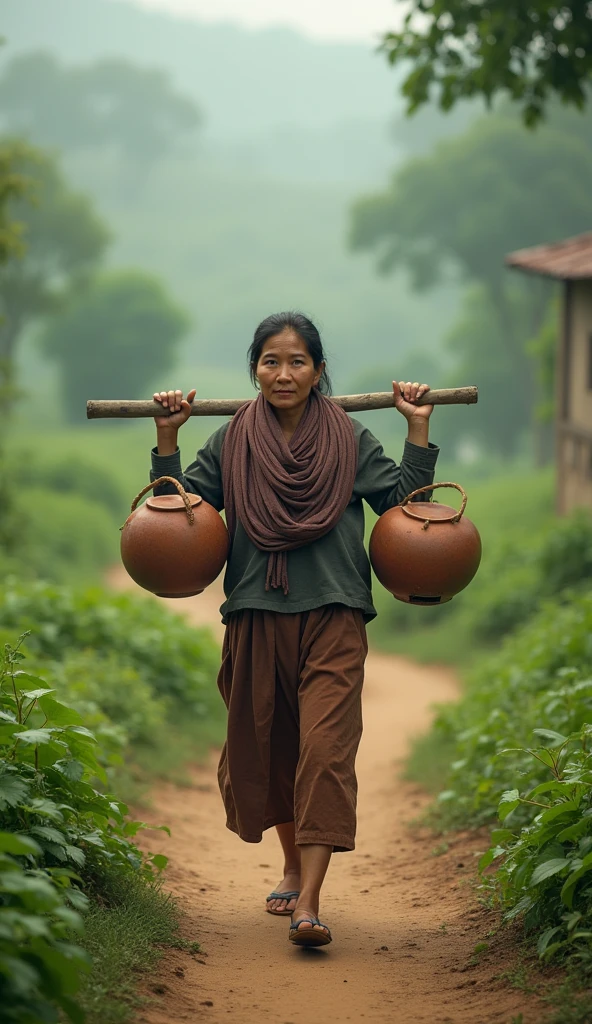 The woman is shown walking along a dirt path, balancing the pole with two pots on her shoulders. Her gait is steady and unhurried, with a peaceful expression as she makes her daily journey., highly detailed, photorealistic, 8k, best quality, intricate details, vivid colors, dramatic lighting, realistic textures, motion blur background