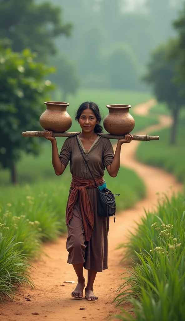 The woman is shown walking along a dirt path, balancing the pole with two pots on her shoulders. Her gait is steady and unhurried, with a peaceful expression as she makes her daily journey., highly detailed, photorealistic, 8k, best quality, intricate details, vivid colors, dramatic lighting, realistic textures, motion blur background