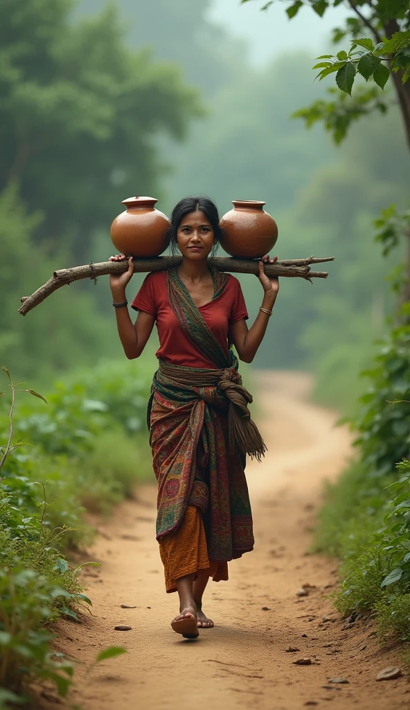  The woman is shown walking along a dirt path, balancing the pole with two pots on her shoulders. Her gait is steady and unhurried, with a peaceful expression as she makes her daily journey., highly detailed, photorealistic, 8k, best quality, intricate details, vivid colors, dramatic lighting, realistic textures, motion blur background