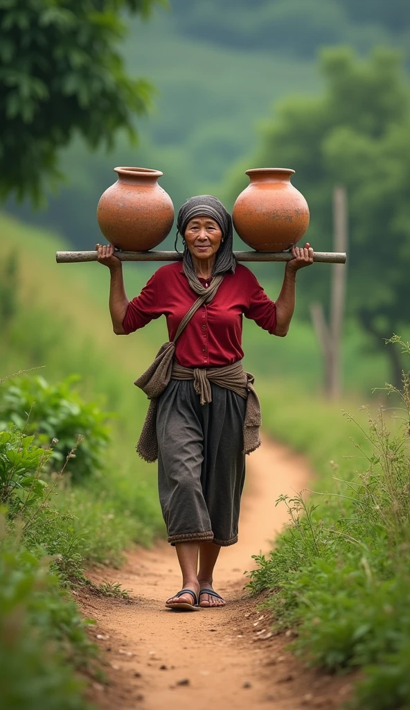  The woman is shown walking along a dirt path, balancing the pole with two pots on her shoulders. Her gait is steady and unhurried, with a peaceful expression as she makes her daily journey., highly detailed, photorealistic, 8k, best quality, intricate details, vivid colors, dramatic lighting, realistic textures, motion blur background