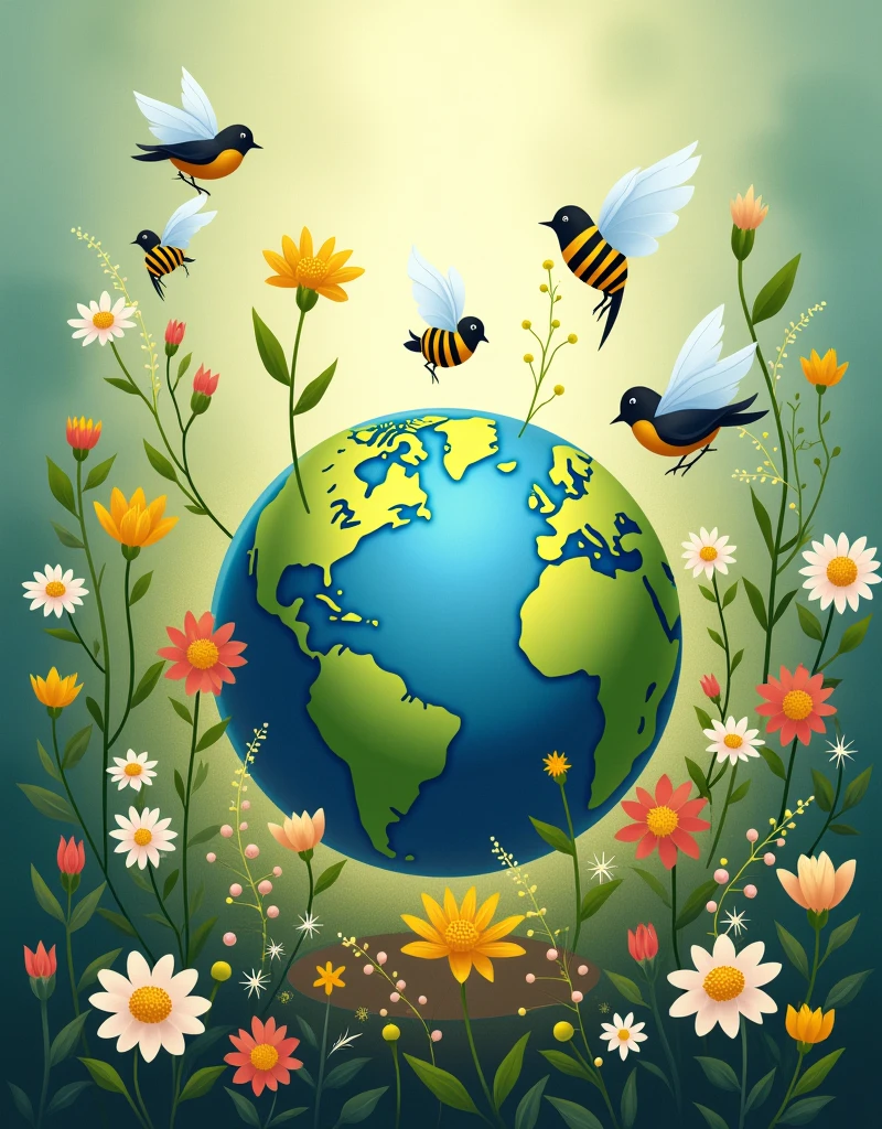 Environmental Activism
Text: "Protect Our Planet"
Visuals: Earth in the center, surrounded by flowers, leaves, and animals like bees and birds.
Colors: Soft greens, blues, yellows, and earthy tones.