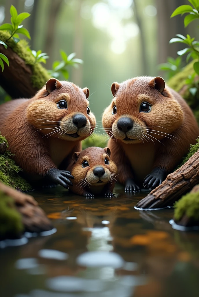 Caméra fisheye, photographie humoristique photoréaliste de deux castors et leur bébé, avec un niveau de détail très poussé, les castors regardant vers le bas.