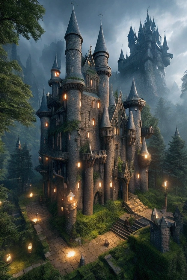 Create a large magical combat training ground next to a castle adorned by a dense magical forest 