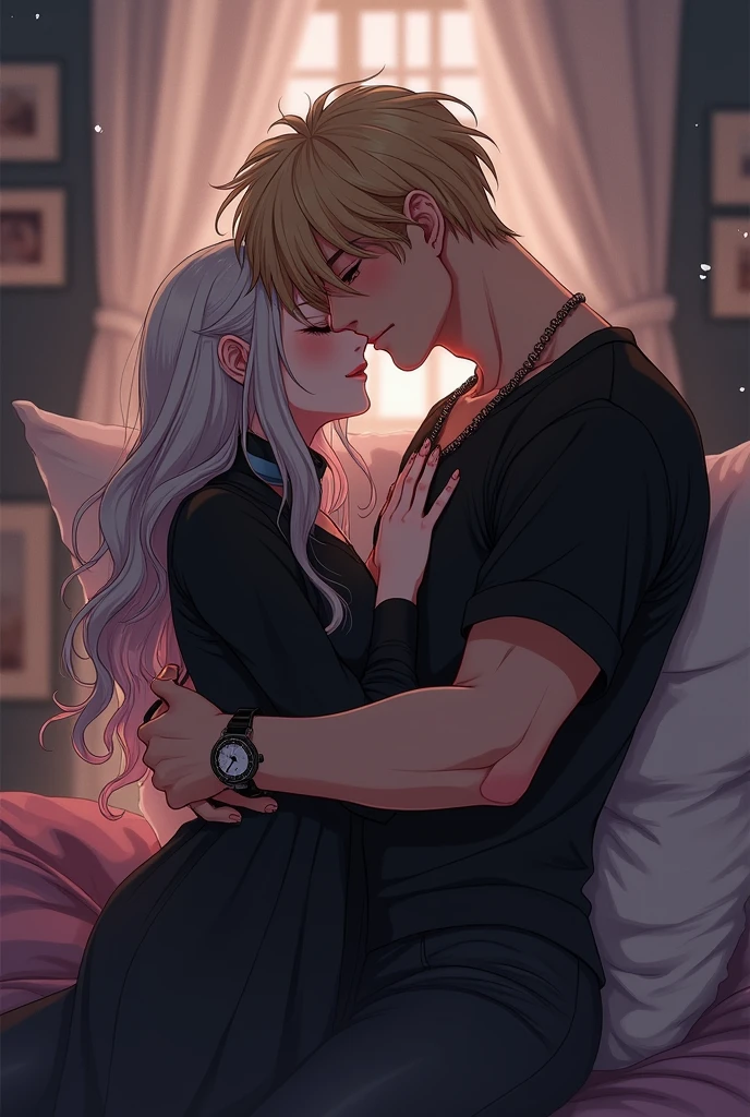 A very cute goth femboy boy with his strong blond boyfriend, they are very much in love with each other, The two spend a lot of time together and like to cuddle all the time., Image made with anime lines