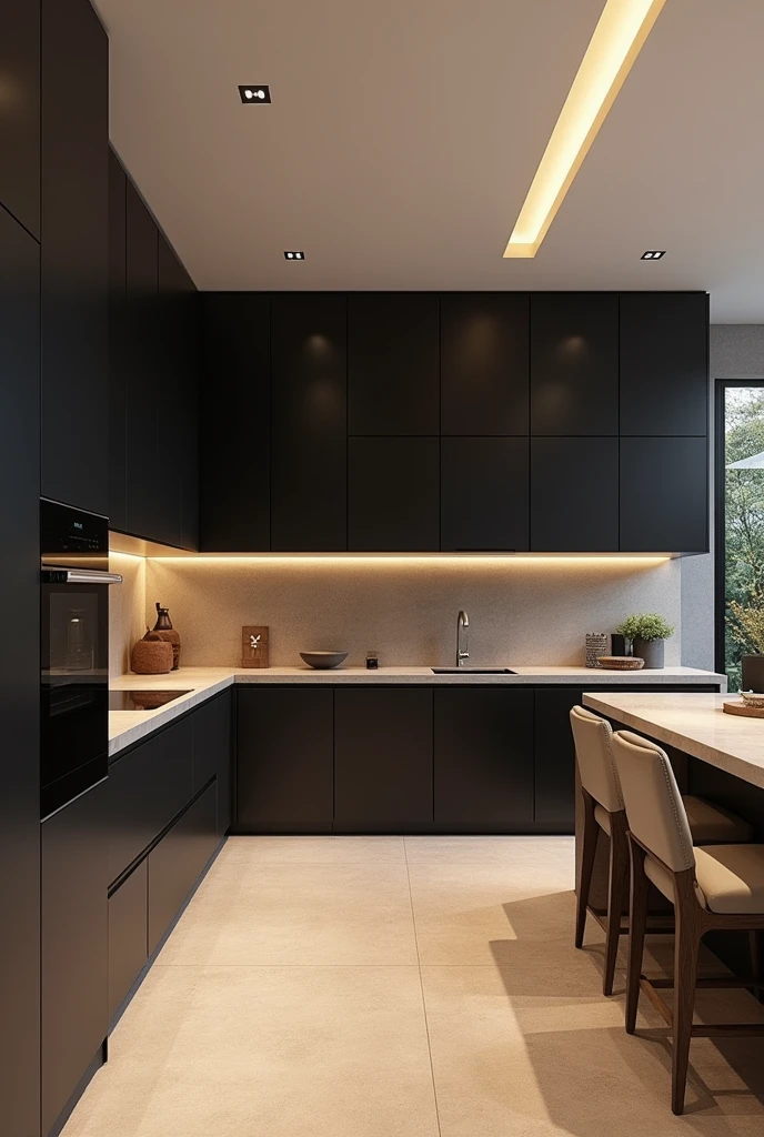 Kitchen with linear countertop, cabinets with black MDF and wooden MDF, with the countertop stone in a lighter color and the floor beige. With minimalist features that evoke elegance and luxury