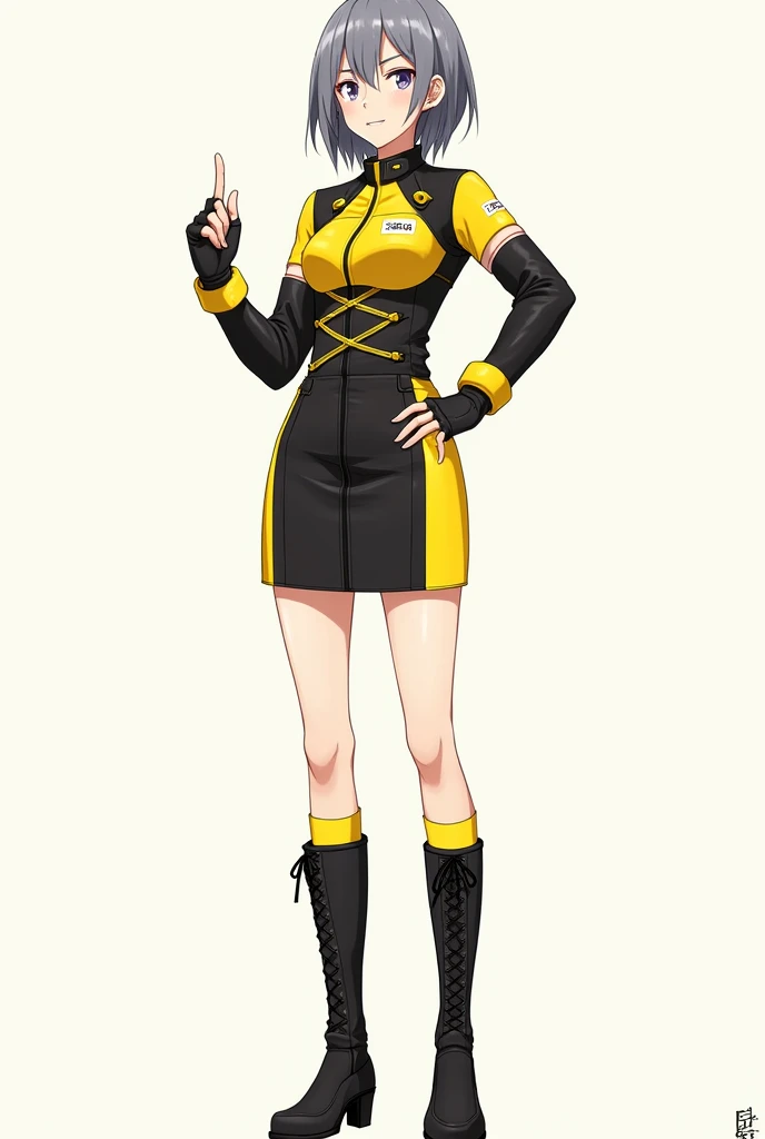 "Draw an anime-style female character with shoulder-length smoky gray hair. She is wearing a yellow and black racing-style leather jacket, a knee-length yellow and black racing-style skirt, yellow high socks, and tall black boots. She has one black glove on one hand. The character is striking a cool pose, with one hand on her hip and the other pointing straight ahead, with a mischievous smile on her face."