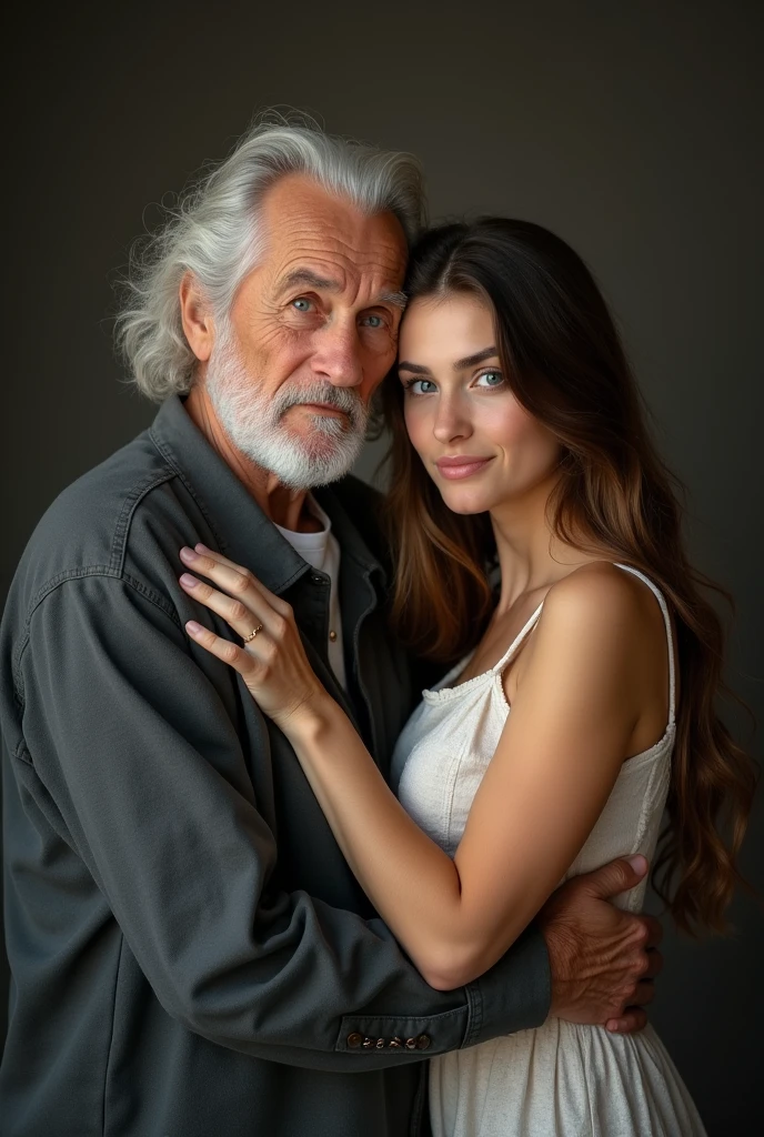 A white-haired man 20 years hugs a woman Long black hair, white body, white clothes, 26 years and both of them look at the camera, theme color picture is a blue mixed black and white 