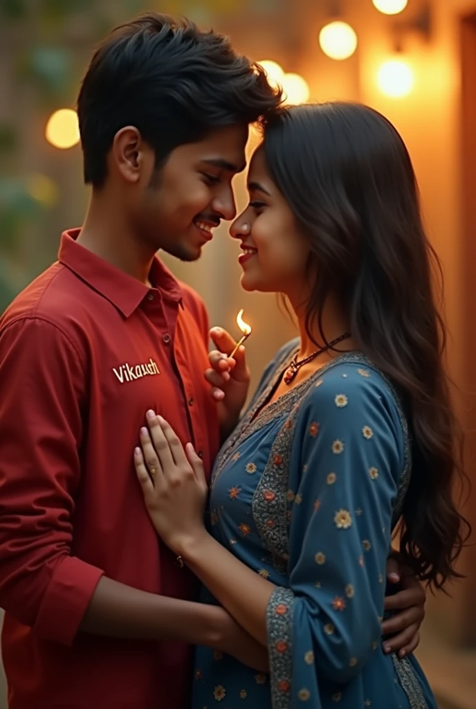 boy and girl, the boy's hand should be on the girl's navel, the boy is holding the girl in his arms, the boy is holding a burning incense stick in his hand, the girl is wearing a blue printed kurta, the boy Is wearing a red shirt, the name 'VIKASH' is written on the shirt. Yes, both of you seem to be in a very romantic mood. The boy has fallen in love with the girl,4k quality image. Printed clothe of boy "ROHIT" cloth of girl "RAKHI"