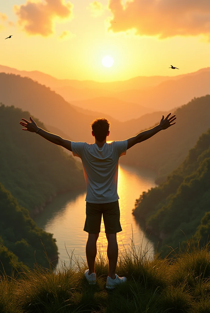 30 age boy standing on hill seeing the jungle flying bird dark sunset river peacefully spreading both hands and looking towards the sky details back side wide angle with wearing clothes realistic aesthetic 