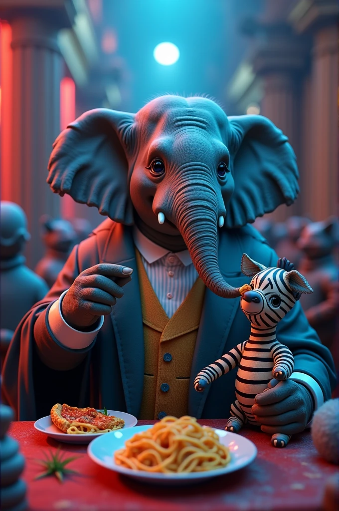 Elephant in a court pant and eating pasta and where blue red lights and also zebra in a skirt eating pizza