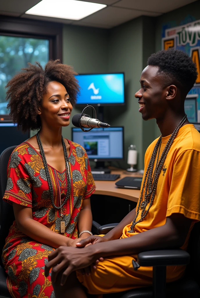 Une journaliste femme, haïtienne, , interviewe un jeune homme la jeune haienne Toye Art qui s occupe aussi de ' ARL. , dans un studio de radio, avec le nom de la station de radio, toutes deux vêtus de vêtements traditionnels haïtienne