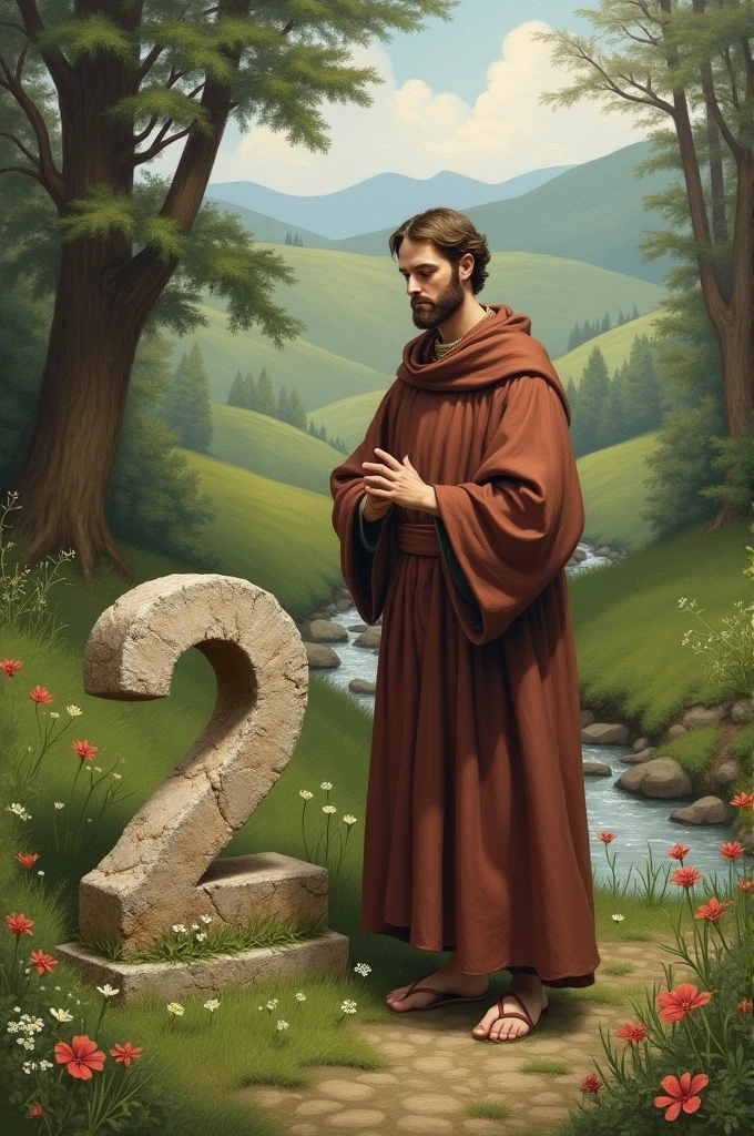 St. Francis of Assis in the nature, with a big "2" of stone beside he
