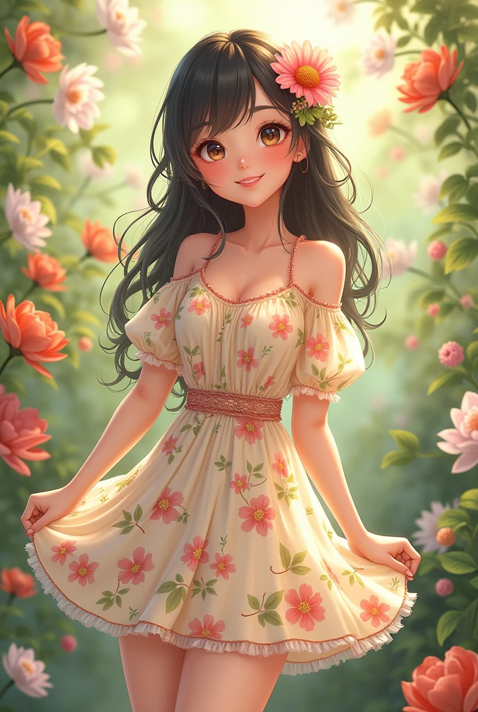 Cute girl with smiling face and floral mini dress with floral background with full length