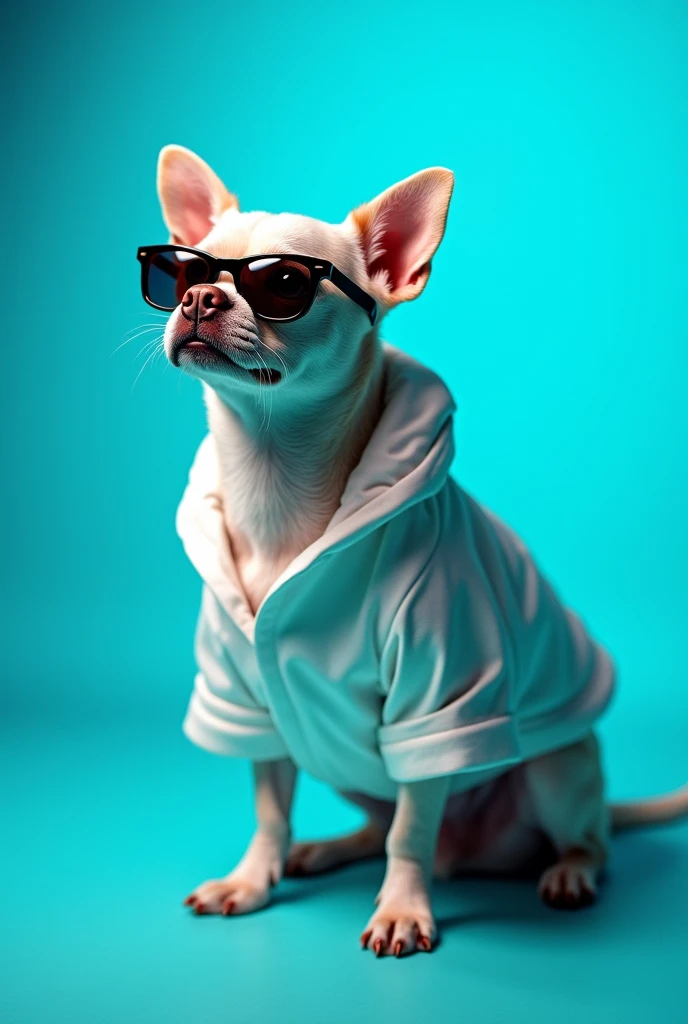 The best cell phone wallpaper, Award-Winning Wallpaper, portrait photography, In the front view is a portrait of a cute dog wearing mid-1960s space age fashion, Side view photo, Shot with Canon EOS R5, Set a strong contrast that accentuates the subject, Fluorescent blue tone, Wearing a very modern coat and sunglasses is a modern 1960s style, Clothes all in one color, beautiful background