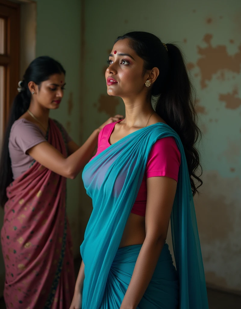 pretty like princess,indian woman wearing saree and short sleeve blouse in a dusty room in front of other woman watching her,she is wearing blue synthetic saree on a pink u neck short sleeve blouse,she is sweating heavily due to the humidity in the room,she has huge breasts and a narrow waistline, curvy hips and slim navel,glossy lips,long lush hair tied up in pony style,crying face expression and shocked look at the same time,sweat droplets on her body and the woman trying to dress her up by holding forcefully