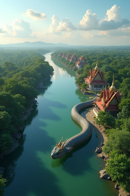The image depicts an aerial view of a serene river scene. A large, serpent-like figure resembling a mythical Naga serpent is seen emerging from the water, its long body winding and curving through the river. The serpent appears to be intricately designed, with scales that shimmer under the sunlight. On the riverbank, there are several traditional Thai temples with distinctive red and gold roofs, surrounded by lush green trees. The sky above is mostly clear with a few scattered clouds, adding to the calm and peaceful atmosphere of the scene. This combination of natural beauty and mythical elements creates a mystical and captivating visual.