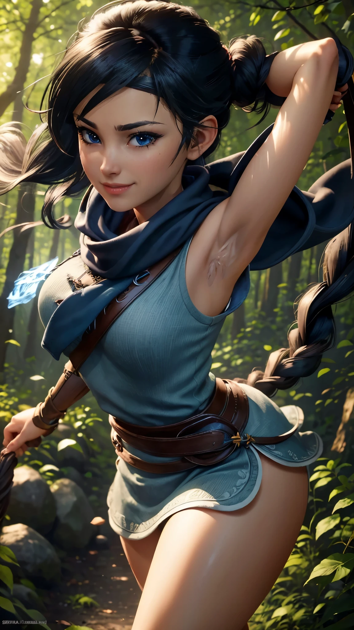 Kena da bridge of spirits,(best qualityer,4K,8k,high resolution,work of art:1.2)(weather: windy), cowboy shot,spirit forest background, long braided hair, long tight dress, thigh high stockings, magic scepter, headband, gloves, ultra detailed,realisitic,portraite,beautiful detailed blue eyes,beautiful detailed lips,extremely detailed eye and face, long eyelashes,sexly,average, large breasts,flying hair,beaming smile,powerful girl in a forest, sexy pose,stunning curves,bright coloured,dramatic lighting,composition,